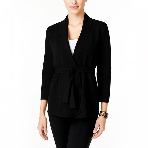 Alfani Black Open Front Belted Knit Cardigan 3/4 Sleeve- Women's Size Small - Picture 1 of 6